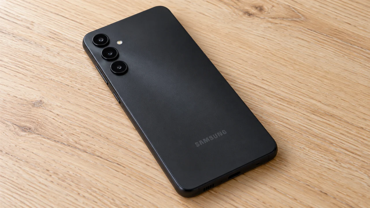 Traseira do Galaxy A05s preto deitado em ângulo sobre uma mesa de madeira clara
