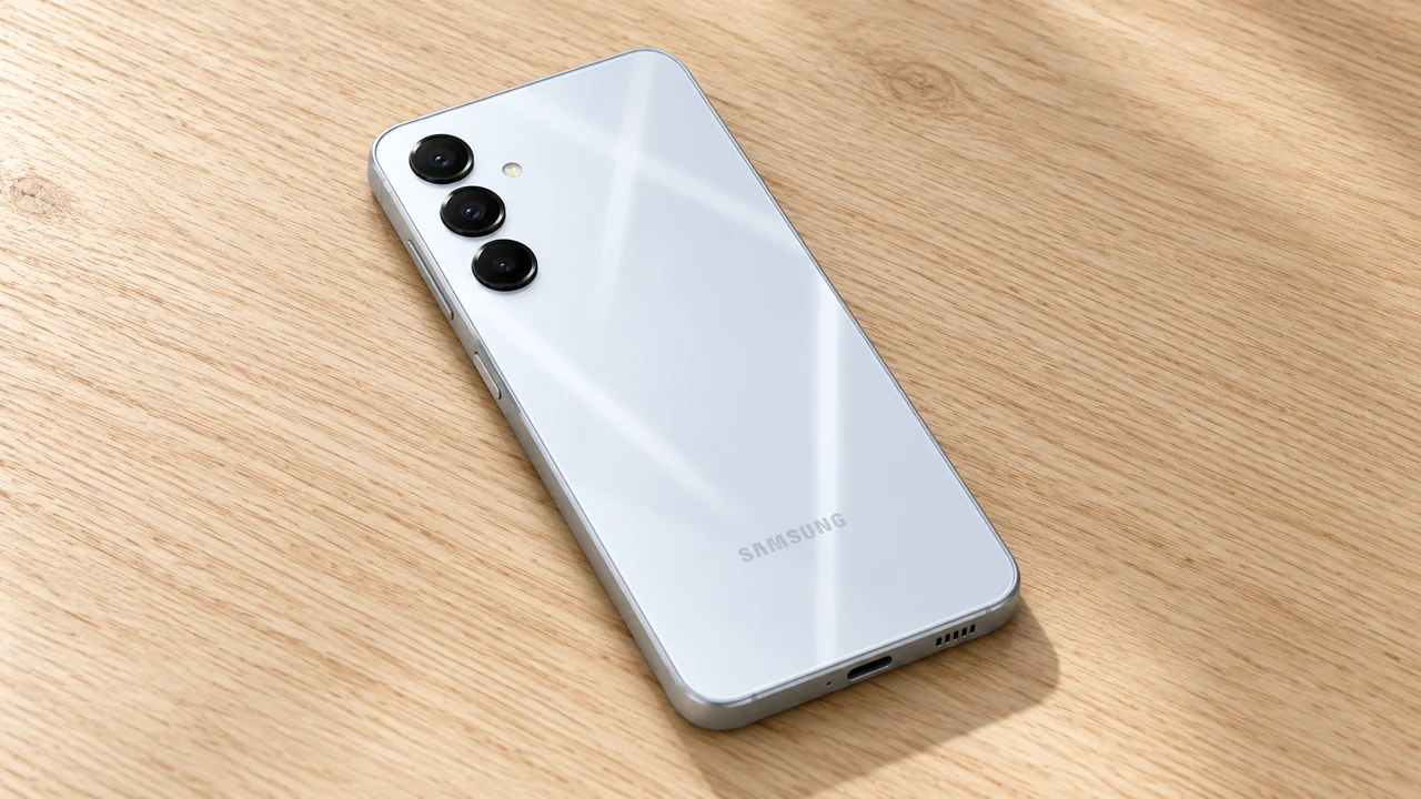 Galaxy A16 5G cinza-claro deitado em ângulo sobre mesa de madeira clara