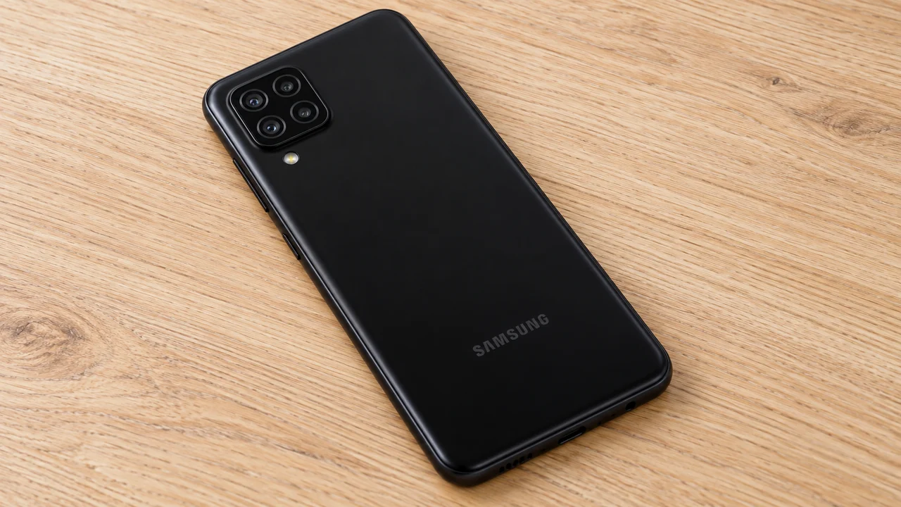 Galaxy A22 4G preto deitado em ângulo sobre mesa de madeira clara