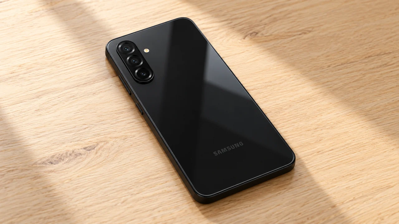 Galaxy A26 5G preto deitado sobre mesa de madeira clara, com câmeras traseiras visíveis