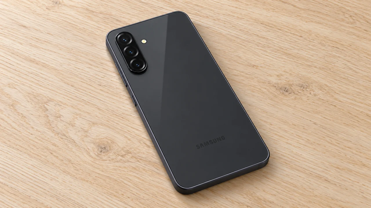 Galaxy A36 5G preto deitado sobre mesa de madeira clara, com câmeras traseiras visíveis