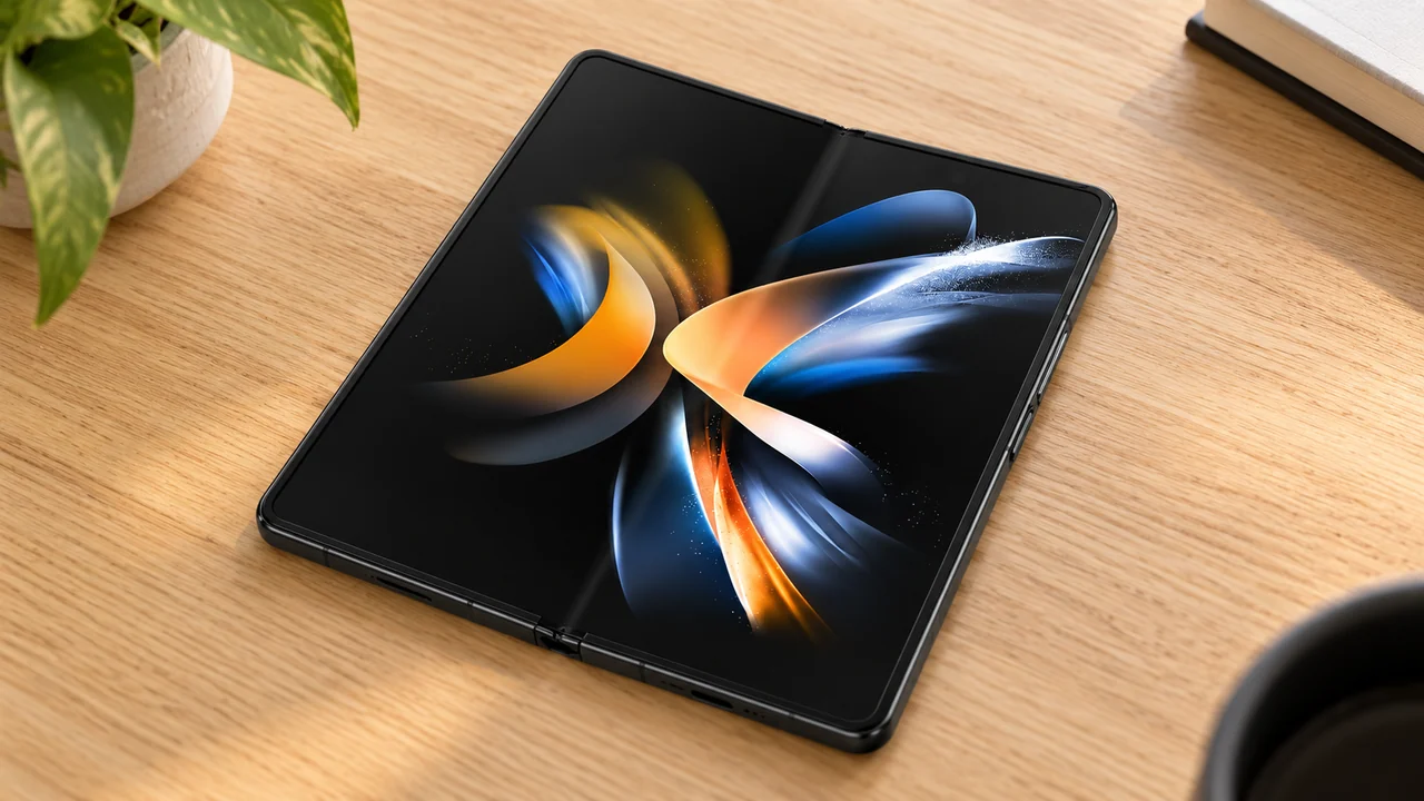 Galaxy z fold4 sobre mesa de madeira clara