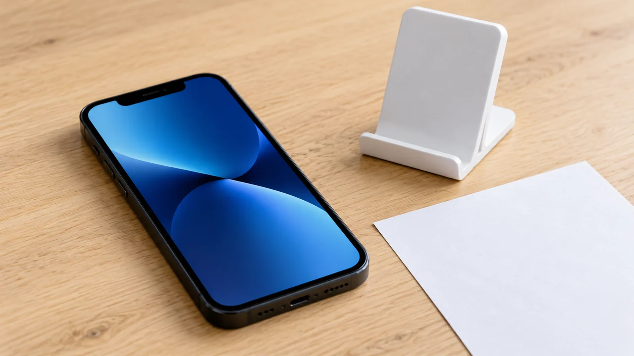 iPhone genérico deitado em mesa de madeira ao lado de um suporte vazio e papel em branco