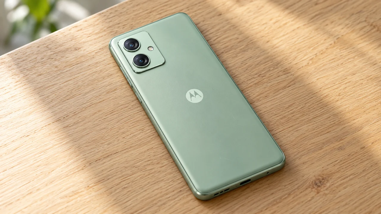 Ilustração da traseira verde do Moto G64 5G deitado sobre uma mesa de madeira clara