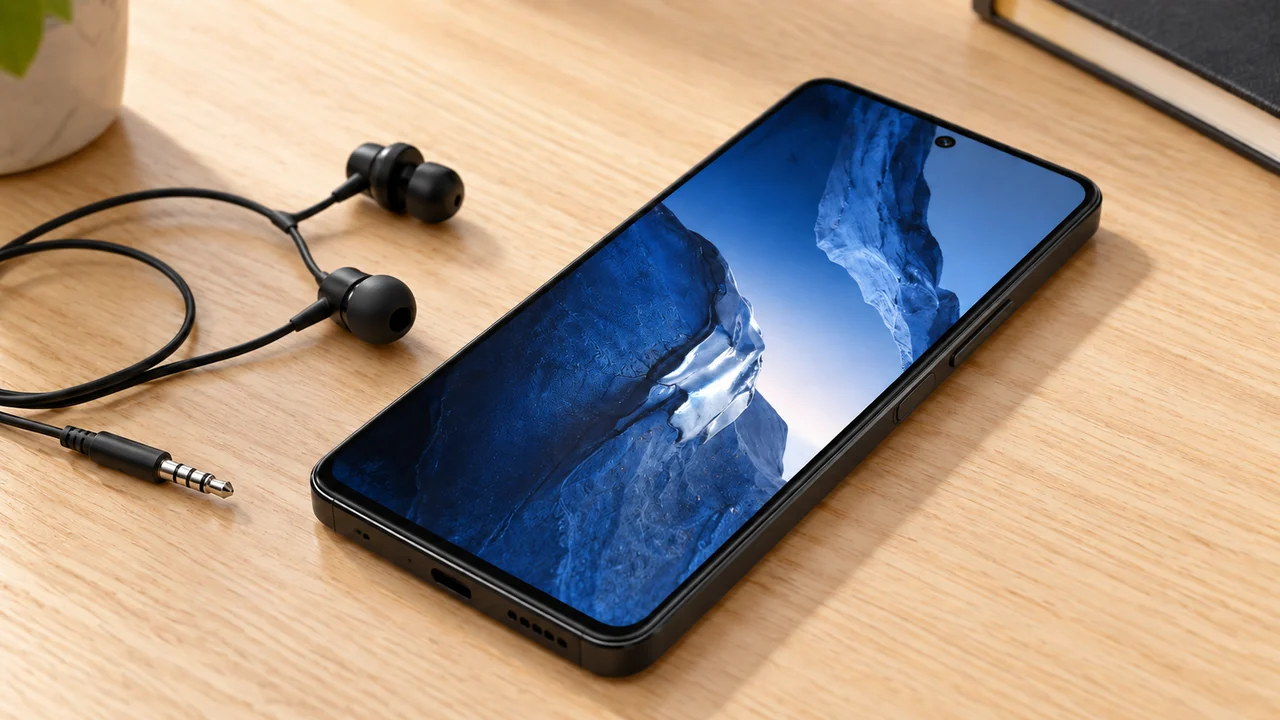 POCO F5 preto sobre mesa de madeira clara ao lado de dois fones com fio