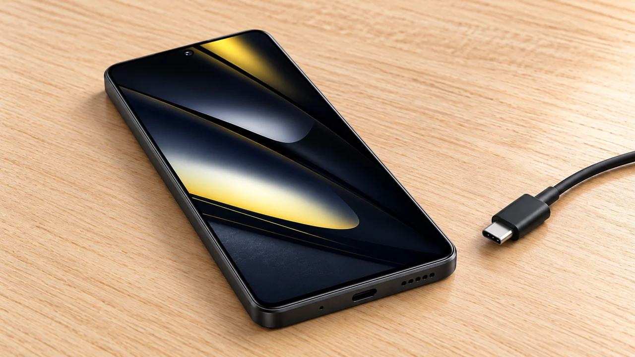 POCO F6 preto sobre mesa de madeira clara, com cabo USB-C desconectado ao lado