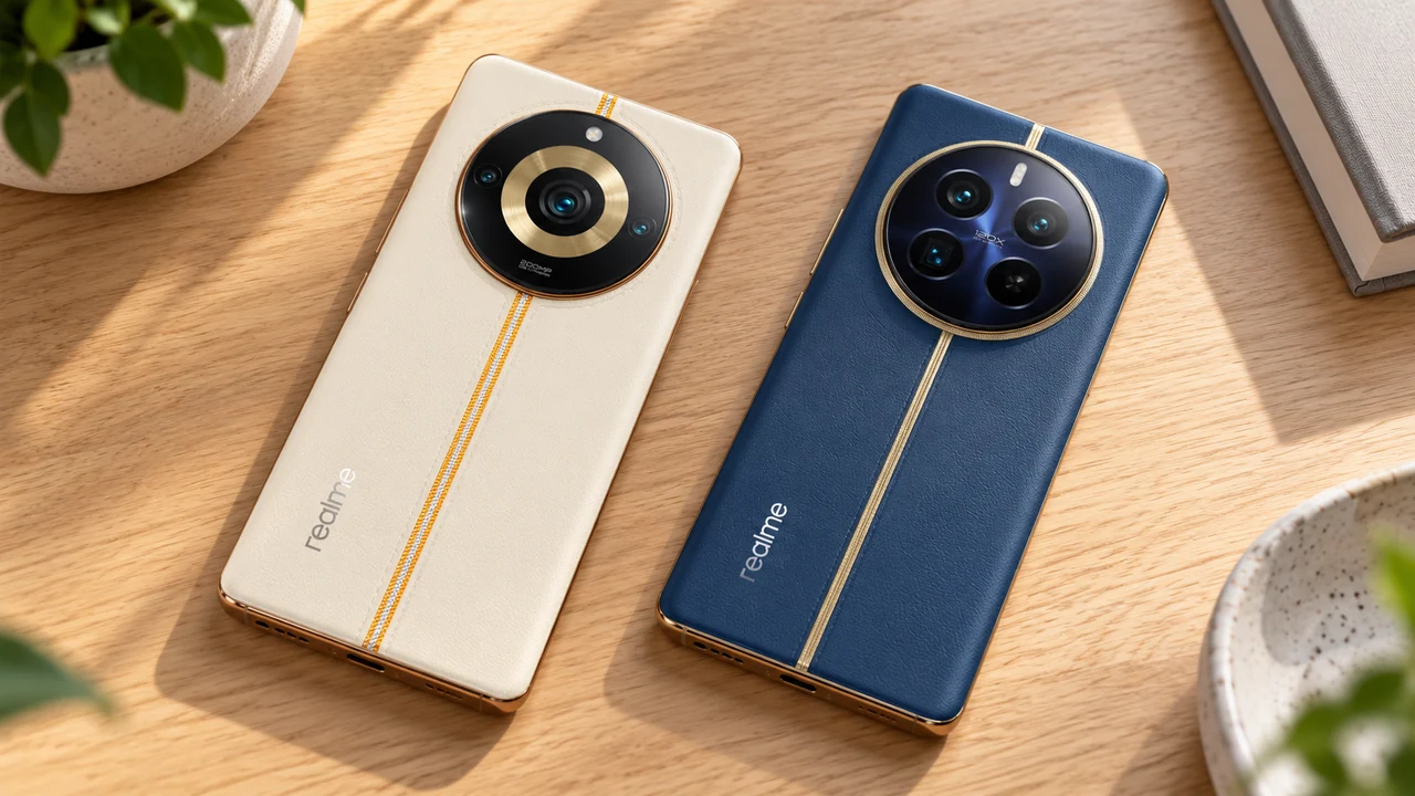 Realme 11 Pro+ creme e Realme 12 Pro+ azul deitados sobre mesa de madeira clara, com as câmeras em destaque