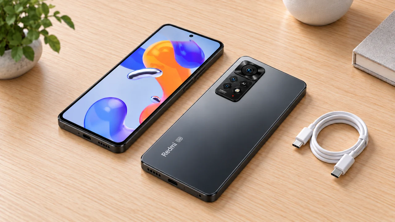 Redmi note 11 pro 5g deitado em mesa clara de madeira junto de cabo organizado
