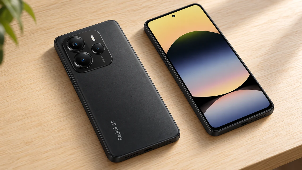 Redmi Note 14 5G sobre mesa de madeira clara, com a tela e a traseira visíveis