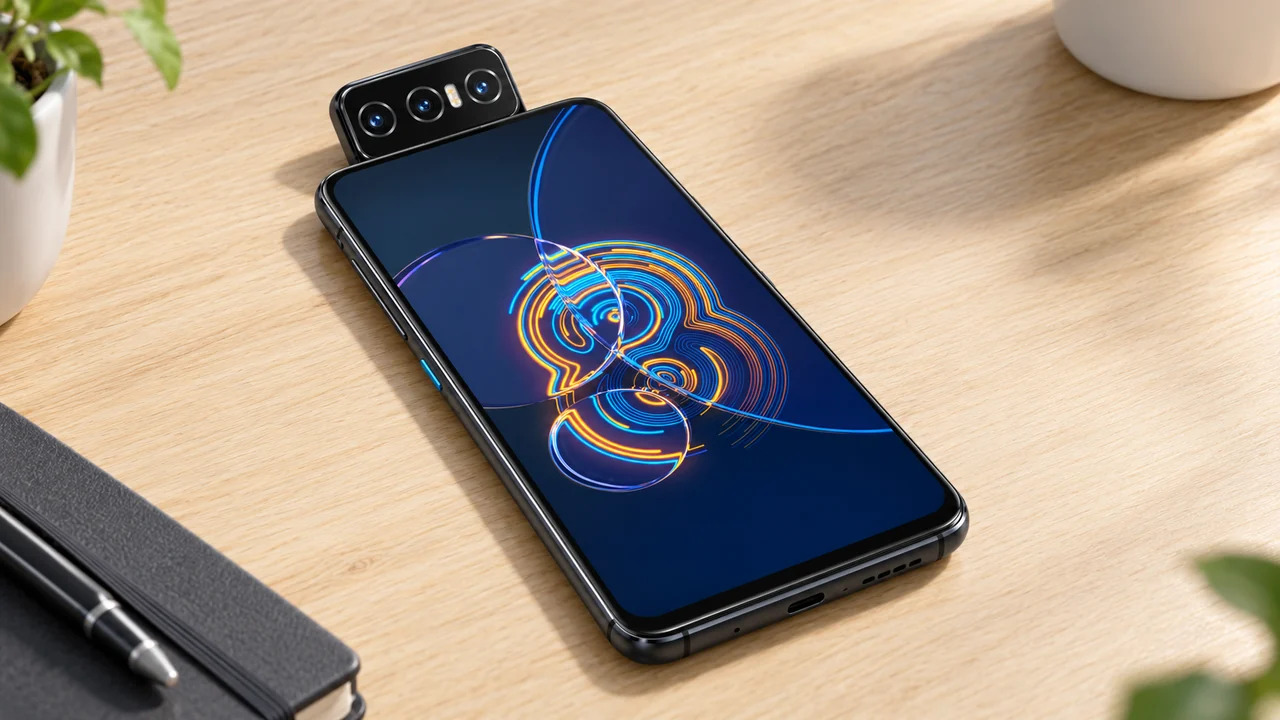 Zenfone 8 Flip sobre mesa de madeira clara com a câmera girada para selfies